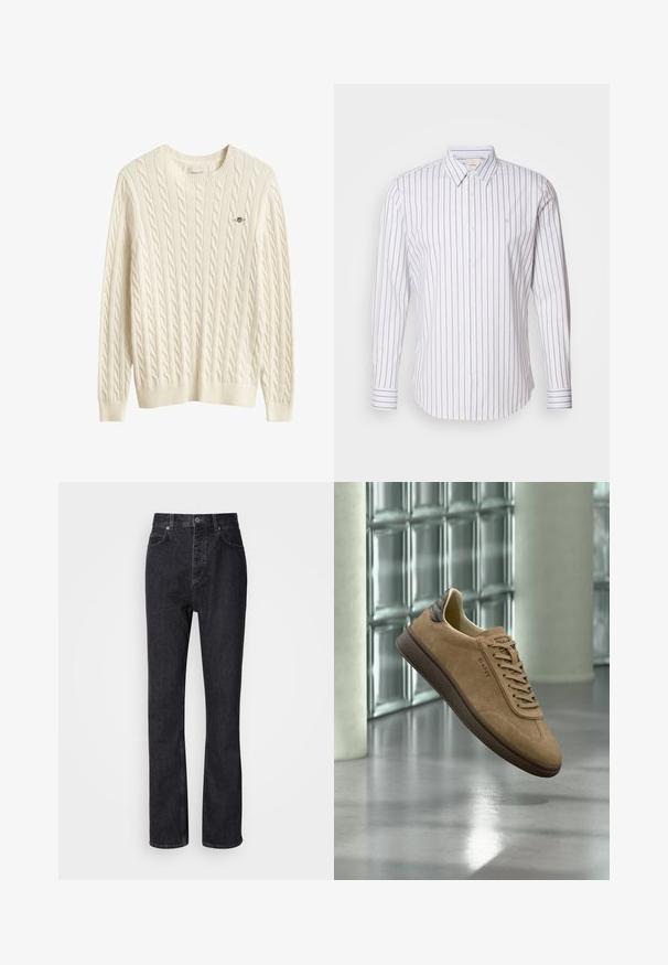 Kremfarvet kabelstrikket sweater med lange ærmer, rund hals og lille broderet logo på venstre bryst.; Calvin Klein SLIM FIT - Skjorter - gray marble; Høj talje sorte denim jeans med knap- og lynlåsåbning, for- og baglommer samt lige ben.; Brun ruskind sneaker med mørk sål og hælfane, der svæver indendørs nær glasblokvæg på poleret gulv.