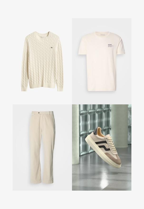 Kremfarvet kabelstrikket sweater med lange ærmer, rund hals og lille broderet logo på venstre bryst.; Cremefarvet bomulds T-shirt med rund hals, korte ærmer og et lille marineblåt tryk på brystet med teksten "GANT 32 EAST 39TH ST. NEW YORK."; Beige kordfløjlsbukser med knap- og lynlåslukning, bæltestropper og lige ben på en hvid baggrund.; Beige og sort afslappet sneaker med tyk sål og snørebånd, svævende indendørs nær glasblokvæg og betongulv.