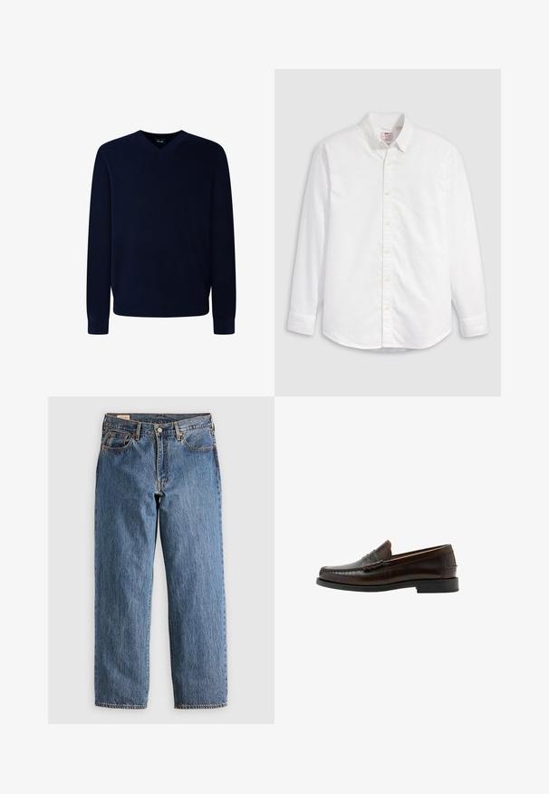 Suéter de punto suave de color azul marino con escote en V, de mangas largas y puños acanalados, que presenta una textura suave y un diseño minimalista.; Camisa blanca de algodón con botones, de manga larga, cuello con solapa y dobladillo curvado. Presenta botones amarillos y una marca sutil.; Jeans de mezclilla azul con un corte recto, que cuentan con una cintura alta, remaches de cobre y costuras naranjas. Incluyen bolsillos delanteros y traseros.; Mocasín penny de cuero marrón oscuro con puntera mocasín cosida, tacón bajo y acabado liso, mostrado en perfil lateral sobre fondo blanco.