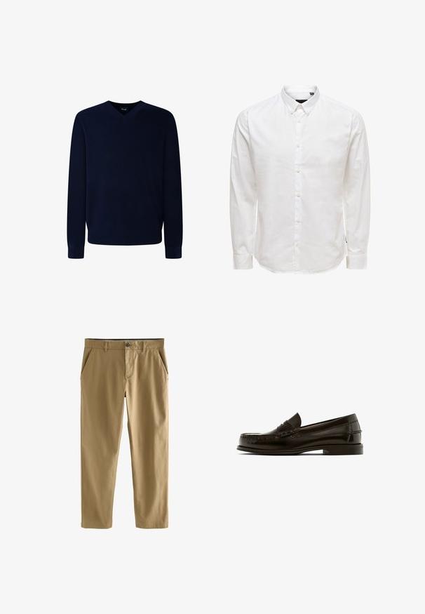 Navyblauwe v-hals trui gemaakt van zacht breimateriaal met lange mouwen en geribbelde boorden, met een gladde textuur en minimale details.; Witte lange mouw knopsluiting shirt met een kraag, met een gladde textuur en zes knopen aan de voorkant. Getailleerde pasvorm met manchet mouwen.; Beige casual broek met knoop- en ritsluiting, riemlussen en voorste zijzakken, getoond op een witte achtergrond.; Bruine leren instappers met een ronde neus, decoratieve stiksels en een lage hak. Gladde textuur met minimale hardware en een klassiek ontwerp.