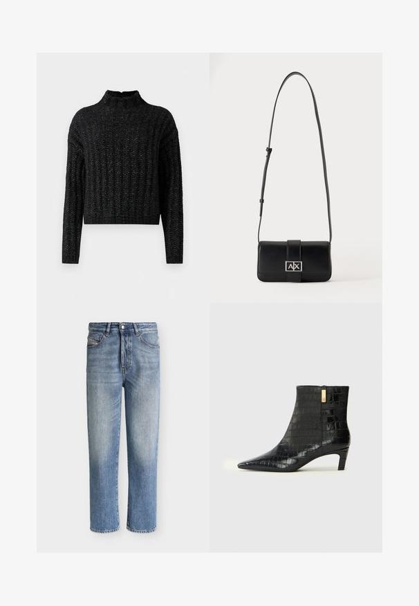 Pull en tricot noir, épais, avec un motif côtes, manches longues et col montant court.; Jean denim bleu délavé à jambes droites avec fermeture par bouton et zip, poches avant et poche monnaie, présenté sur un fond clair uni.; Bottines noires en matériau synthétique brillant avec une texture crocodile, bout pointu et petit talon. Accent doré à l'arrière.; Sac à bandoulière en cuir noir avec sangle ajustable et fermoir rectangulaire argenté avec les lettres A et X sur un fond uni.