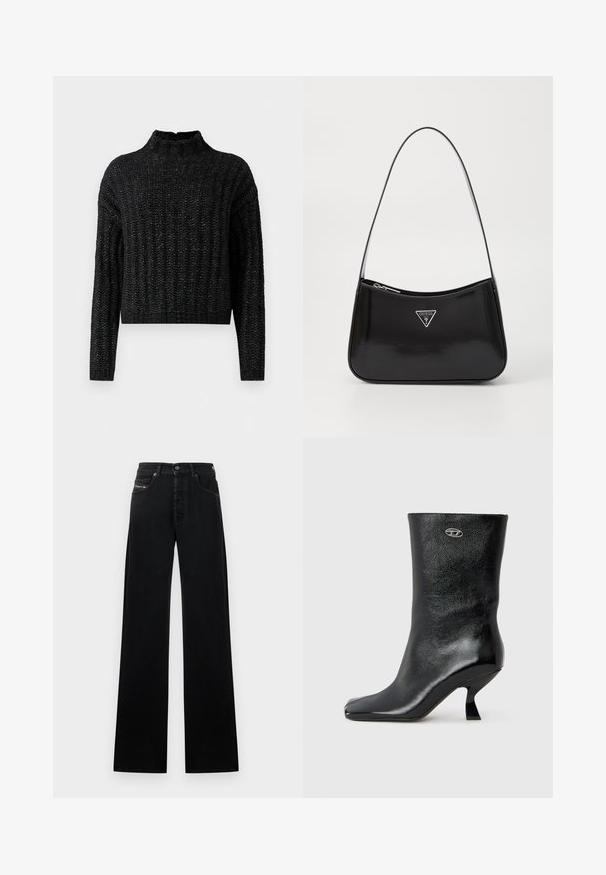 Pull en tricot noir, épais, avec un motif côtes, manches longues et col montant court.; Jean noir à jambes larges en denim, avec une fermeture frontale à boutons, cinq poches, et un petit patch logo sur la ceinture.; Bottine en cuir noir avec une finition brillante, un bout carré et un design de talon incurvé unique. Elle présente un petit logo métallique en accent.; Sac à épaule en cuir verni noir avec une forme incurvée, présentant un logo triangle en argent et une fermeture éclair. Texture lisse et bandoulière fine.