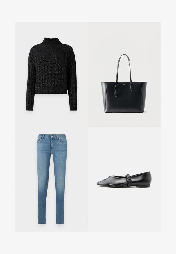 Schwarzer, grob gestrickter Pullover mit geripptem Muster, langen Ärmeln und stehendem Kragen.; Hellblaue Slim-Fit-Jeans mit vorderer Knopfleiste, Reißverschluss und Fünf-Taschen-Design vor weißem Hintergrund.; Schwarzer flacher Lederschuh mit gerafftem Riemen über dem Spann und leicht spitzer Spitze, vor einfachem Hintergrund abgebildet.; Schwarze Leder-Shopper-Tasche mit langen Trägern und kleinem goldenem "BOSS" Logo auf der Vorderseite, präsentiert vor einem schlichten, hellen Hintergrund.