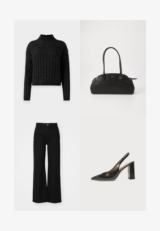 Sort chunky strikket sweater med ribbet mønster, lange ærmer og en kort ståkrave.; Sorte bredde bukser lavet af denim med høj talje, featuring en front lynlås, knaplukning og røde detaljer i syningerne.; Sort læder peep-toe slingback sko med høj blokhæl og beige indvendig foring mod en ensfarvet lys baggrund.; Sort læderhåndtaske i rund form, med to lange håndtag, guldfarvet hardware og et lille mærke vedhæftet. Lynlåslukning på toppen.