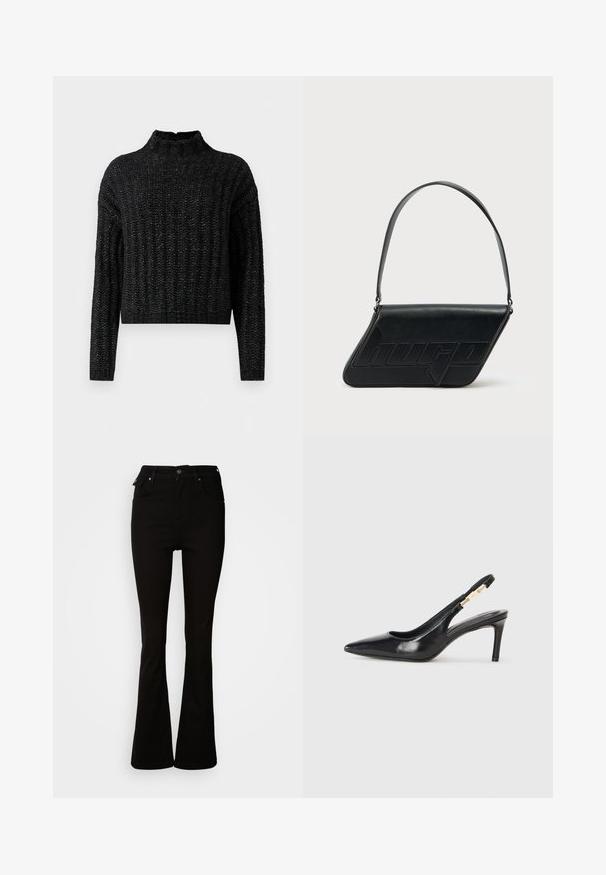 Sort chunky strikket sweater med ribbet mønster, lange ærmer og en kort ståkrave.; Sorte flare jeans lavet af denim, med høj talje, forlommer og et klassisk fem-lomme design med metalhardware detaljer.; Sort læder slingback højhælede sko med spidse tæer, glat overflade og en smal ankelrem med guldfarvede hardware detaljer.; Sort skuldertaske i læder med trekantet form, præget logo og en enkelt justerbar rem. Minimalistisk design med glat tekstur.