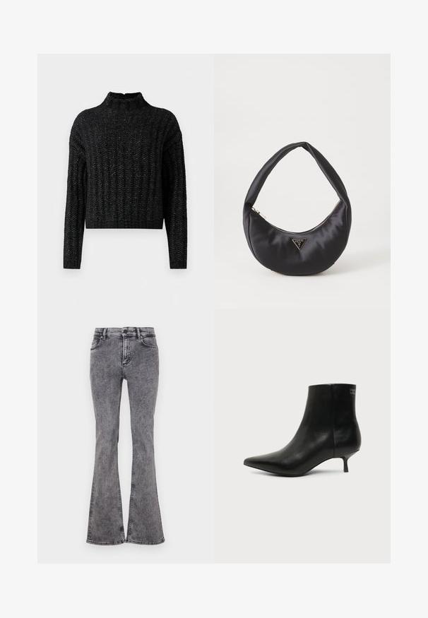 Sort chunky strikket sweater med ribbet mønster, lange ærmer og en kort ståkrave.; Udfoldede sorte jeans lavet af denim med en falmet vask, der har fem lommer, lynlås og kontrastsyninger langs sømmene.; Sort læder ankelstøvle med spids tå og lav kitten hæl på lys baggrund, der viser yderside.; Sort satin håndtaske med en buet form, der har en lynlåslukning og et trekantet logo i metal på forsiden. Glat tekstur og slankt design.