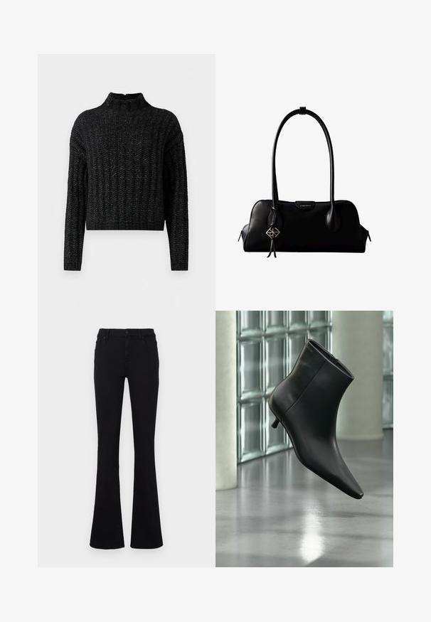 Sort chunky strikket sweater med ribbet mønster, lange ærmer og en kort ståkrave.; Sorte flare jeans lavet af bomuldsblanding. Med knappelukning, bæltestropper og forlommer. Glat tekstur med let stretch.; Sort læderankelstøvle med spids tå og lav kitten-hæ, vist vinklet mod en poleret gulv- og glasblokvæg.; Sort lædertaske fra Calvin Klein med lange håndtag, en forside-logo-tag og en sølv geometrisk vedhæng, der hænger fra det ene håndtag.
