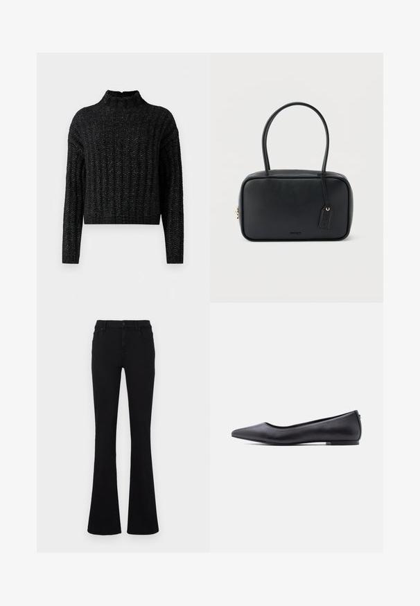 Sort chunky strikket sweater med ribbet mønster, lange ærmer og en kort ståkrave.; Sorte flare jeans lavet af bomuldsblanding. Med knappelukning, bæltestropper og forlommer. Glat tekstur med let stretch.; Sort flad lædersko med spidst tåparti og lav hæl, vist i sideprofil mod en hvid baggrund.; Sort rektangulær håndtaske med dobbelte runde håndtag, gylden lynlås og præget "HUGO"-logo foran med fastgjort lædermærke.