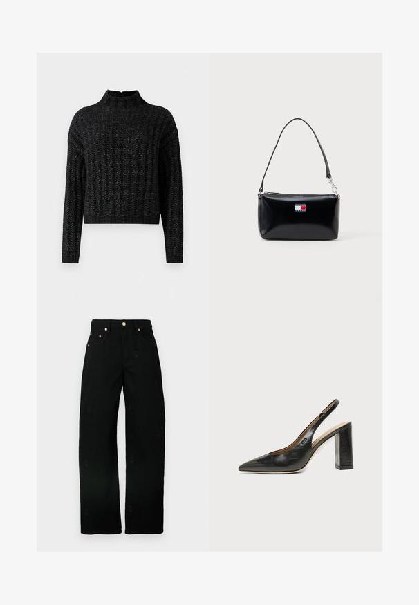 Pull en tricot noir, épais, avec un motif côtes, manches longues et col montant court.; Jean large noir en coton avec une texture douce, ornés de motifs brodés subtils et de garnitures dorées sur les poches.; Chaussure slingback en cuir noir à bout pointu avec un talon bloc haut et une doublure intérieure beige sur un fond clair uni.; Sac à bandoulière rectangulaire noir avec une courte sangle et le logo Tommy Jeans en rouge, blanc et bleu au centre avant.