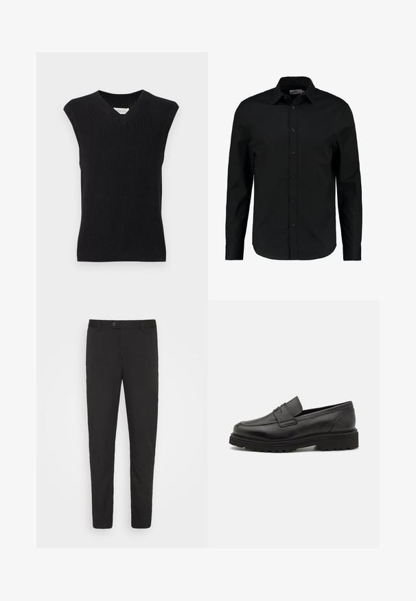 Gilet tricoté noir sans manches avec col en V et bord côtelé présenté sur un fond clair uni.; Chemise noire à manches longues en tissu lisse, dotée d'un devant à boutons, d'un col pointu et d'une coupe ajustée avec un ourlet courbé.; Pantalons noirs taillés avec une coupe droite, poches avant et fermeture à bouton. Fabriqués en tissu lisse avec un léger éclat.; Mocassin en cuir noir avec un bout rond, des détails cousus, et une semelle épaisse et texturée. Présente un design élégant et minimaliste.