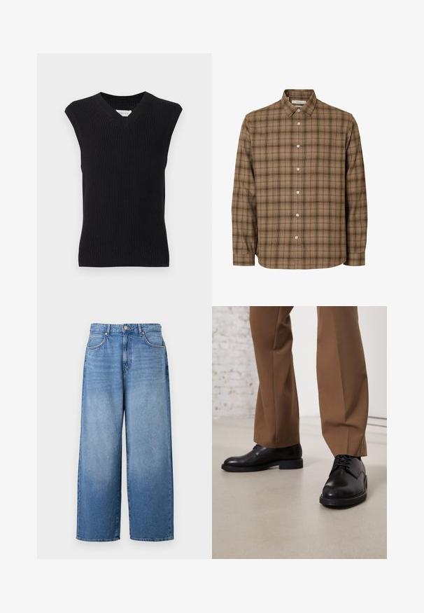 Gilet tricoté noir sans manches avec col en V et bord côtelé présenté sur un fond clair uni.; Chemise à manches longues marron à carreaux avec col, boutons blancs et ourlet droit, présentée sur un fond blanc uni.; Jeans en denim à jambes larges de couleur bleu clair avec une finition légèrement délavée. Comprend un design classique à cinq poches et une fermeture à bouton en métal.; Chaussures en cuir noir avec une surface lisse et un bout arrondi, dotées d'un système de laçage et d'une semelle plate et basse. Associées à un pantalon marron.