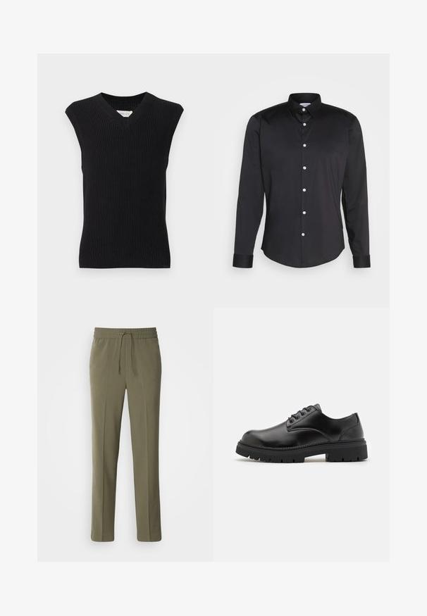 Sort ærmeløs strikket sweatervest med V-hals og ribbet kant vist på ensartet lys baggrund.; Sort langærmet skjorte lavet af glat stof, med spidse krave, frontlukning med hvide knapper og enkeltknapmanchetter.; Olivengrønne, letvægtsbukser med elastisk talje og justerbar snor; lige ben design og glat tekstur.; Sorte lædersko med rund tå, snørelukning og en tykk, struktureret gummisål. Har syninger langs kanten og en glat overflade.