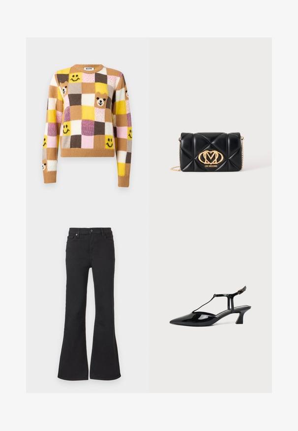 Pull en patchwork avec des carrés jaunes, bruns, roses et crème, arborant des visages souriants et des visages d'ours sur le devant et les manches.; Jean noir taille haute ajusté avec fermeture par bouton et zip, poches avant et arrière, et jambes évasées.; Chaussure slingback en cuir verni noir à bout pointu avec bride en T et petit talon bloc incliné sur fond blanc.; Sac à main en cuir matelassé noir avec bandoulière chaîne dorée et logo Love Moschino doré au centre devant.