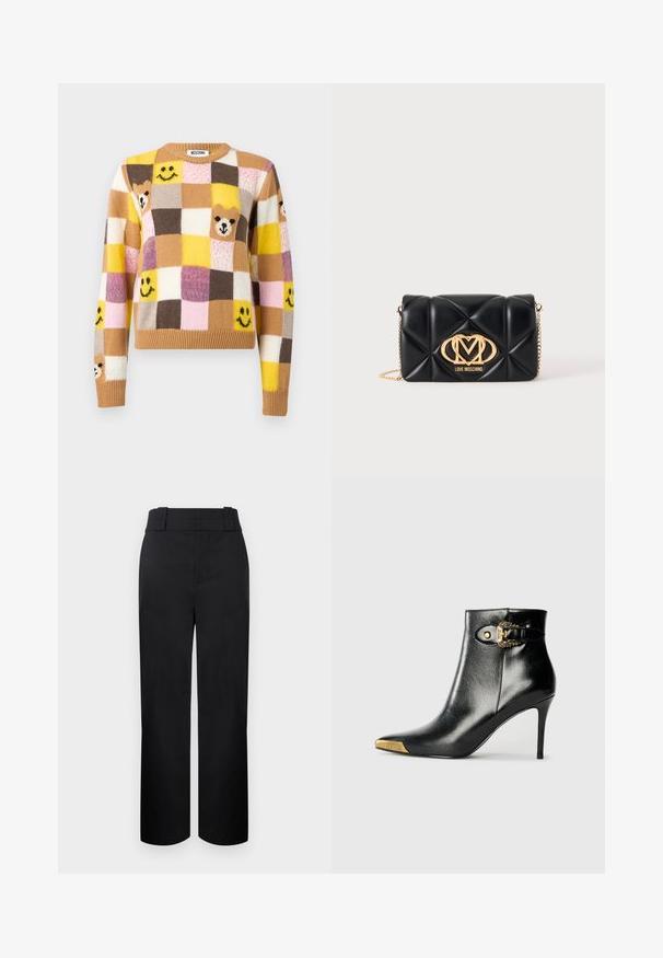 Pull en patchwork avec des carrés jaunes, bruns, roses et crème, arborant des visages souriants et des visages d'ours sur le devant et les manches.; Pantalon noir taille haute, jambes droites, avec larges passants de ceinture et fermeture avant dissimulée sur un fond clair.; Bottine noire en cuir brillant, avec un bout pointu, un talon aiguille, et des accessoires dorés ornés d'une boucle décorative.; Sac à main en cuir noir matelassé avec bandoulière chaîne dorée et grand logo doré Love Moschino sur le devant.
