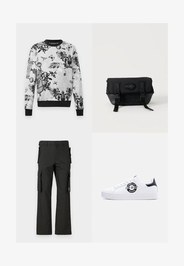 Zwart-wit crewneck sweatshirt met ingewikkelde bloem- en vlinderpatronen, textuurstof en zwarte boorden en zoom.; Zwarte cargobroek met een recht silhouet, voorzien van meerdere zijzakken en een knoopsluiting. Gemaakt van duurzaam materiaal met een soepele textuur.; Witte lage sneaker met zwarte hielstuk, zwart cirkelvormig "Versace Jeans Couture" logo aan de zijkant, witte veters en reliëftekst op de zool.; Zwarte Moschino crossbodytas met voorflap, twee gespbanden en logopatch op een effen lichte achtergrond.