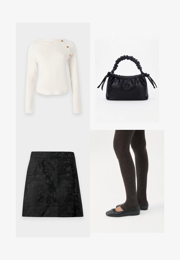 Pull en tricot blanc avec des manches longues, un col rond et des boutons décoratifs sur l'épaule. Texture lisse et silhouette ajustée.; Jupe noire avec un motif floral, texture lisse et coupe ajustée. Présente une taille élastiquée et une coupe droite avec une légère évasement.; Jambes portant des leggings côtelés foncés associés à des ballerines noires avec de petits détails en nœud sur fond blanc.; Sac à main noir avec texture crocodile, bord supérieur froncé, poignée plissée et pompons à cordon de chaque côté sur fond blanc.