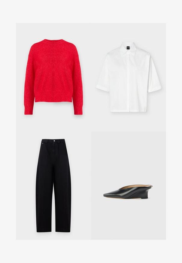 Jersey de punto rojo con cuello redondo, hombros caídos y puños y dobladillo de canalé. Textura suave con un ajuste ligeramente holgado.; Camisa blanca de manga corta con cuello y tapeta de botones oculta, con una etiqueta de la marca "BOSS" negra en el interior del cuello.; Pantalones negros de talle alto y pierna ancha con cierre frontal de botón y cremallera, con bolsillos laterales y trabillas para cinturón sobre un fondo claro.; Zapato cuña de charol negro con punta puntiaguda y talón descubierto, con un diseño elegante y curvado de estilo minimalista.