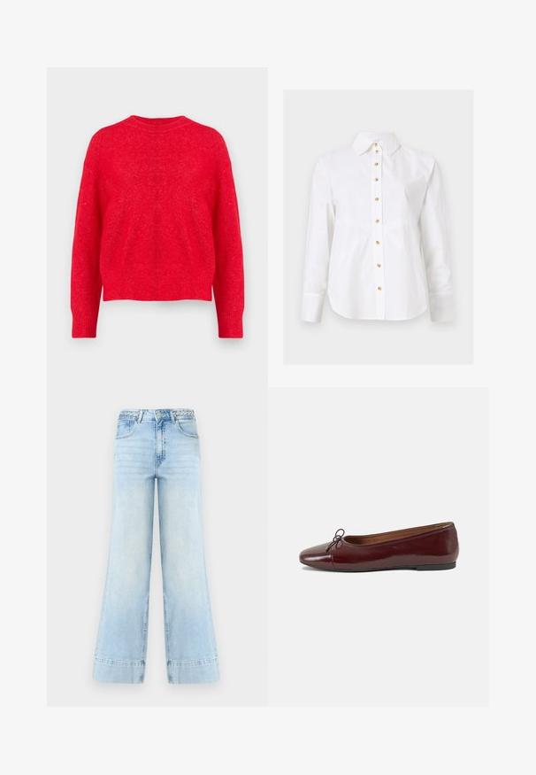Jersey de punto rojo con cuello redondo, hombros caídos y puños y dobladillo de canalé. Textura suave con un ajuste ligeramente holgado.; Camisa blanca de manga larga con cuello puntiagudo y botones marrón claro en el centro delantero.; Vaqueros de pierna ancha de color azul claro con cintura alta, trabillas trenzadas, botón frontal, cremallera y dos bolsillos sobre fondo blanco.; Bailarina de charol burdeos con punta redonda, pequeño lazo en la parte frontal y una suela baja de goma negra. Textura suave.