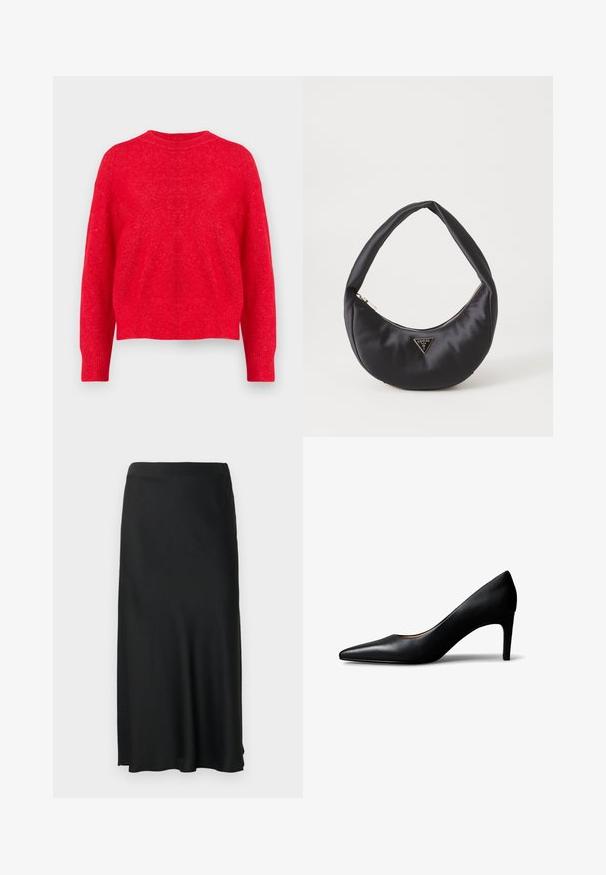 Rød strikket sweater med rund halsudskæring, drop-shoulder ærmer og ribbede manchetter og kant. Blød tekstur med en let løs pasform.; Sort midi-nederdel med en glat tekstur, der har en sideslids på venstre side og elastik i taljen, hvilket giver et enkelt, klassisk design.; Sort damesko i læder med spids snude og mellemhøj hæl, vist fra siden på en hvid baggrund.; Sort satin håndtaske med en buet form, der har en lynlåslukning og et trekantet logo i metal på forsiden. Glat tekstur og slankt design.