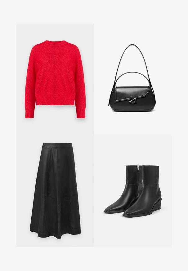 Pull en tricot rouge avec un col rond, des épaules tombantes et des poignets et un ourlet côtelés. Texture douce avec une coupe légèrement ample.; Jupe midi en cuir noir avec une silhouette évasée, présentant des coutures détaillées et une texture lisse. Pas de matériel ou d'accents visibles.; Paire de bottines en cuir noir avec bouts pointus, talons compensés et fermetures éclair latérales sur un fond clair uni.; Sac à bandoulière en cuir noir avec un rabat incurvé fermé par un fermoir métallique rond et une sangle fine et ajustable.