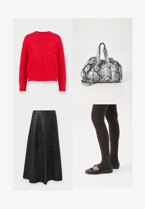 Pull en tricot rouge avec un col rond, des épaules tombantes et des poignets et un ourlet côtelés. Texture douce avec une coupe légèrement ample.; Jupe midi en cuir noir avec une silhouette évasée, présentant des coutures détaillées et une texture lisse. Pas de matériel ou d'accents visibles.; Jambes portant des leggings côtelés foncés associés à des ballerines noires avec de petits détails en nœud sur fond blanc.; Sac à main en motif peau de serpent noir et blanc avec deux poignées, une fermeture à cordon et une bandoulière amovible. Texture lisse.