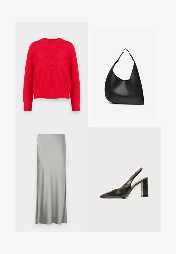 Pull en tricot rouge avec un col rond, des épaules tombantes et des poignets et un ourlet côtelés. Texture douce avec une coupe légèrement ample.; Jupe maxi en satin gris clair avec une texture lisse et une fente sur le côté, conçue avec une coupe droite pour une silhouette fluide.; Chaussure slingback en cuir noir à bout pointu avec un talon bloc haut et une doublure intérieure beige sur un fond clair uni.; Sac à épaule en cuir noir avec forme triangulaire incurvée, une seule sangle ajustable, et une couture diagonale visible à l'avant.