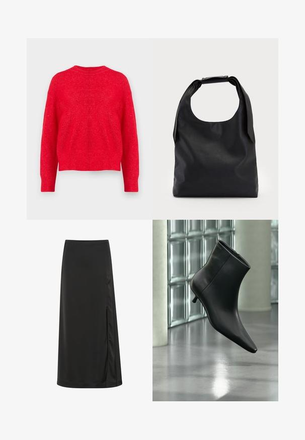 Jersey de punto rojo con cuello redondo, hombros caídos y puños y dobladillo de canalé. Textura suave con un ajuste ligeramente holgado.; Falda midi negra hecha de una tela suave, con una abertura lateral y una cinturilla estructurada. Diseño simple y elegante, sin patrones ni acentos visibles.; Botín negro de cuero con punta puntiaguda y tacón bajo estilo kitten, mostrado en ángulo sobre un suelo pulido y con una pared de bloques de vidrio de fondo.; Bolso de mano de cuero negro con una gran abertura superior y una sola correa para el hombro. Textura suave, diseño minimalista, con detalles sutiles de herrajes.