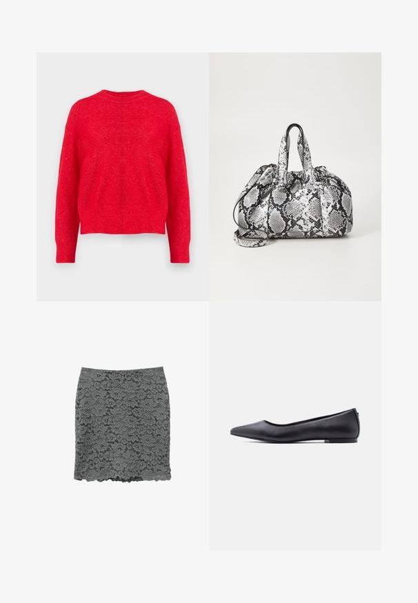 Rød strikket sweater med rund halsudskæring, drop-shoulder ærmer og ribbede manchetter og kant. Blød tekstur med en let løs pasform.; Grå blondeskirt med blomstermønster, blød tekstur, tætsiddende design og bølget kant. Materialet er let og semi-gennemsigtigt.; Sort flad lædersko med spidst tåparti og lav hæl, vist i sideprofil mod en hvid baggrund.; Håndtaske med sort og hvid slidmønster, to håndtag, snøre lukning og aftagelig skulderrem. Glat tekstur.