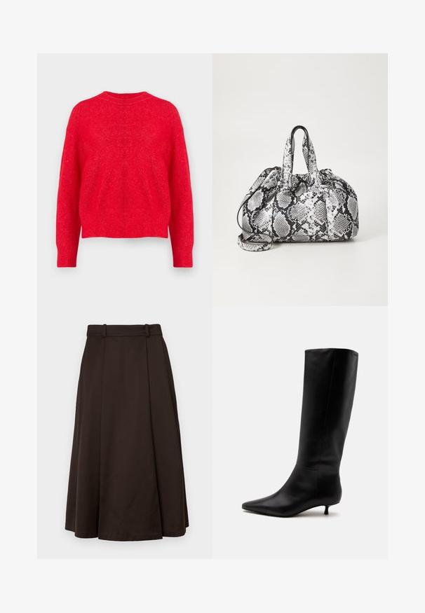 Pull en tricot rouge avec un col rond, des épaules tombantes et des poignets et un ourlet côtelés. Texture douce avec une coupe légèrement ample.; Jupe brun plissée en ligne A, fabriquée à partir d'un tissu lisse, avec une ceinture et un design fluide de coupe mi-longue.; Botte noire en cuir jusqu'au genou avec bout pointu et petit talon kitten sur un fond clair uni.; Sac à main en motif peau de serpent noir et blanc avec deux poignées, une fermeture à cordon et une bandoulière amovible. Texture lisse.
