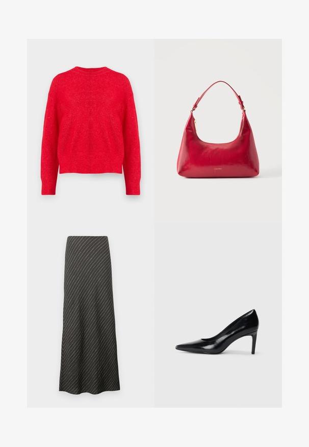 Rød strikket sweater med rund halsudskæring, drop-shoulder ærmer og ribbede manchetter og kant. Blød tekstur med en let løs pasform.; Sort midi-nederdel med diagonale hvide striber, lavet af et glat stof. Har en udvidet design og en A-formet silhuet.; Sort læder højhælede sko med spids tå, glat tekstur og en taperet hæl. Minimalistisk design uden yderligere udsmykninger.; Rød læder skuldertaske med guld lynlås og justerbar rem, Calvin Klein-logo centreret foran.