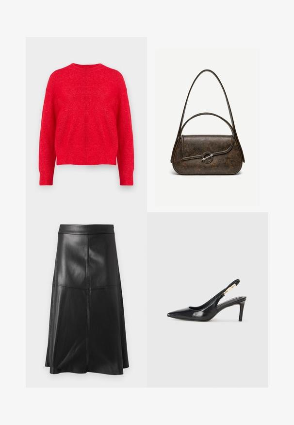 Rød strikket sweater med rund halsudskæring, drop-shoulder ærmer og ribbede manchetter og kant. Blød tekstur med en let løs pasform.; Sort læder A-line nederdel med en glat tekstur, der har lodrette sømdetaljer og en talje. Kanten falder lige under knæet.; Sort læder slingback højhælede sko med spidse tæer, glat overflade og en smal ankelrem med guldfarvede hardware detaljer.; Mørkebrun tekstureret læderhåndtaske med to stropper, afrundet rektangulær form og sølvfarvet cirkulært låsespænde på frontklap.