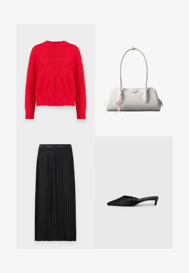 Jersey de punto rojo con cuello redondo, hombros caídos y puños y dobladillo de canalé. Textura suave con un ajuste ligeramente holgado.; Falda midi negra plisada con cinturilla elástica, con el logotipo de Calvin Klein en blanco repetido.; Mules de ante negro con puntera afilada y tacón bajo. Presentan una textura suave y una parte trasera abierta para facilitar su uso. Diseño sencillo sin patrones.; Bolso de hombro blanco de Calvin Klein con asas largas, forma rectangular, cierre de cremallera y charm decorativo con el logo colgando cerca del asa.