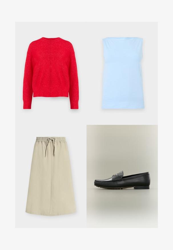Rød strikket sweater med rund halsudskæring, drop-shoulder ærmer og ribbede manchetter og kant. Blød tekstur med en let løs pasform.; Lyseblå ærmeløs tanktop med lige halsudskæring, vist fladt mod en neutral baggrund.; Beige knælang nederdel med elastisk talje og snøre foran, lavet af glat letvægtsstof.; Sort læderloafer med mokkasyning, lav hæl og guldfarvet metaldetalje på remmen, vist i profil på beige baggrund.