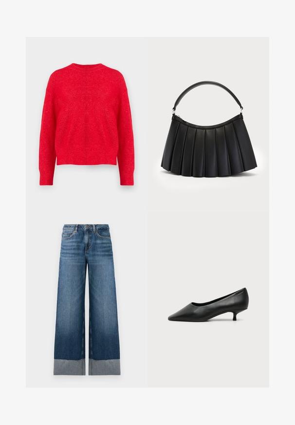 Rød strikket sweater med rund halsudskæring, drop-shoulder ærmer og ribbede manchetter og kant. Blød tekstur med en let løs pasform.; Bredde ben blå jeans med en gradient fra mørkere til lysere denim, med en rå kant og subtile syninger. Klassisk fem-lomme design.; Sort lavhælet damesko i læder med spids tå og lille kitten heel på ensfarvet lys baggrund.; Sort plisseret håndtaske lavet af syntetisk læder, med et buet håndtag og lynlåslukning i toppen. Glat tekstur med struktureret design.