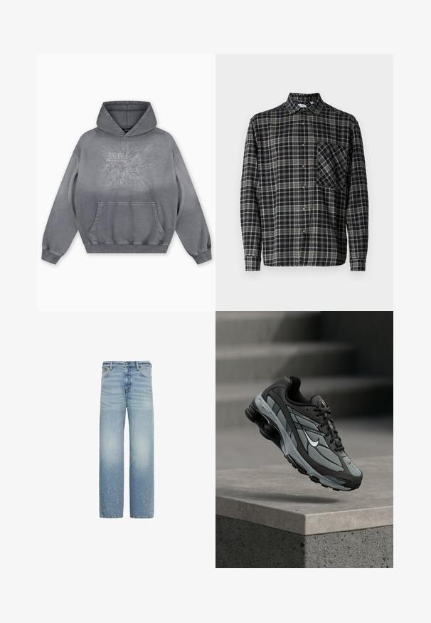 Grijze capuchontrui met een gestructureerde print met de tekst "FAVELA Worldwide" en een adelaarontwerp, voorzak in kangarustijl en geribbelde manchetten.; Only & Sons Lumberjack ONSARCHER Lumberjack - Overhemd - black; Lichtblauwe rechte spijkerbroek met subtiele vervaging en kleine beschadigde plekjes vlak bij de onderzoom aan beide pijpen.; Grijze en zwarte sportieve sneaker met meshpanelen en dikke zool, zwevend in de lucht boven een betonnen richel met trappen op de achtergrond.