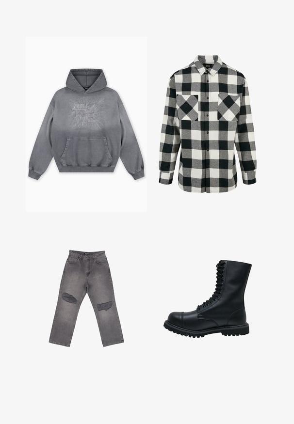 Grauer Kapuzenpullover mit einer strukturierten Druckgrafik, die "FAVELA Worldwide" und ein Adlerdesign zeigt, Kängurutasche vorne und gerippte Bündchen.; Schwarz-weiße Flanellhemd mit großem Karomuster, langen Ärmeln, Knopfleiste und zwei Brusttaschen. Aus weichem Stoff gefertigt.; Hoch taillierte graue Denim-Jeans mit weitem Bein und großen abgenutzten Stellen an beiden Knien, mit Taschen vorne und Gürtelschlaufen.; Schwarze Leder Schnürstiefel mit runder Zehenkappe, hohem Schaft, dicker Gummisohle und texturierter Oberfläche. Enthält verstärkte Nähte entlang der Nähte.