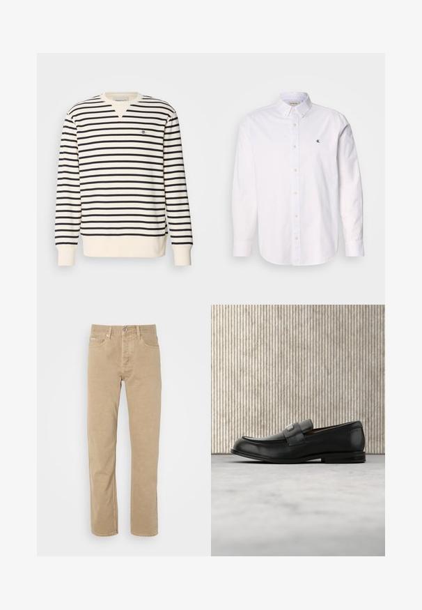 Sweatshirt à manches longues avec un design en V. Présente des rayures alternées bleu marine et crème, ainsi qu'un petit logo brodé sur la poitrine. Matière en mélange de coton.; Chemise blanche à boutons en coton, avec un col classique, des manches longues, et un petit logo CK sur la poitrine gauche. Texture douce.; Pantalons en coton beiges au design à jambe droite, avec poches avant, fermeture à bouton et détails de couture subtils le long des coutures.; Mocassin en cuir noir avec une plaque de marque en métal reposant près d'une table ronde marron sur un sol recouvert de moquette beige.