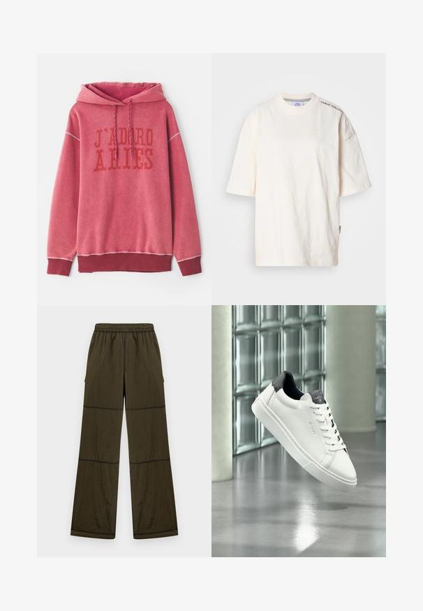 Rød sweatshirt med hætte, der har trykt tekst "J'ADORE ARIES" i mørkerød. Ribkanter ved håndled og nederste kant med et blødt, struktureret stof.; Kremfarvet t-shirt med korte ærmer og et diskret blomsterprint, lavet af blødt stof. Har rund halsudskæring og logodetalje på skulderen.; Løse bukser i mørke olivengrøn med elastisk talje, synlige sømdetaljer og sidelommer, vist mod en ensfarvet lys baggrund.; Hvid læder sneaker med sort hæl og tunge, snøredesign, GANT branding på siden og tungen, vist i moderne indendørs miljø.