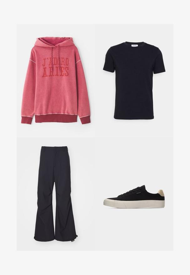 Rød sweatshirt med hætte, der har trykt tekst "J'ADORE ARIES" i mørkerød. Ribkanter ved håndled og nederste kant med et blødt, struktureret stof.; Sort kortærmet t-shirt med rund hals og et lille hvidt mærke indeni halsudskæringen.; Marineblå, brede bukser lavet af glat stof, med to forlommer og snoretræk ved kanten. Renset, skræddersyet design uden udsmykning.; Sort lavsko med beige hælkappe, tyk hvid gummisål, sorte snørebånd og lille "PS Paul Smith" mærke på siden.