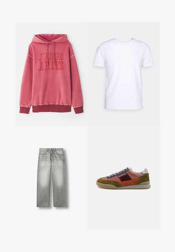 Rotes Sweatshirt mit Kapuze, ausgestattet mit dem aufgedruckten Text "J'ADORE ARIES" in dunklerem Rot. Gerippte Bündchen und Saum mit einem weichen, strukturierten Stoff.; Weißes T-Shirt mit kurzen Ärmeln aus Baumwollstoff und rundem Halsausschnitt. Schlichtes Design ohne Muster oder Akzente. Glatte Textur.; Grau ausgewaschene Straight-Leg-Jeans mit Vordertaschen, Gürtelschlaufen und Knopfverschluss auf weißem Hintergrund.; PS Paul Smith DOVER - Sneaker low - pink
