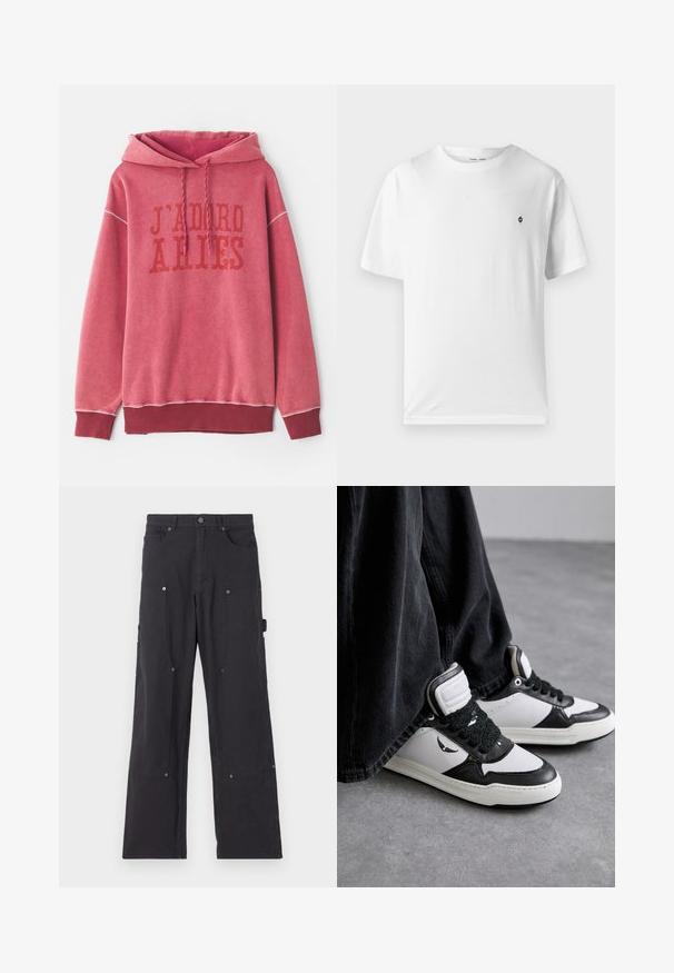 Sudadera roja con capucha, con texto impreso "J'ADORE ARIES" en rojo más oscuro. Puños y dobladillo de canalé con un tejido suave y texturizado.; Camiseta blanca de algodón con cuello redondo, mangas cortas y un pequeño logo negro en el pecho. Textura suave, corte casual.; Pantalones cargo negros hechos de un tejido duradero con un diseño de pierna recta, que cuentan con bolsillos frontales, botones a presión y bolsillos laterales de utilidad.; Zapatillas altas en blanco y negro con un detalle de cordón negro texturizado, material de cuero y sintético, con un logo en el lado.