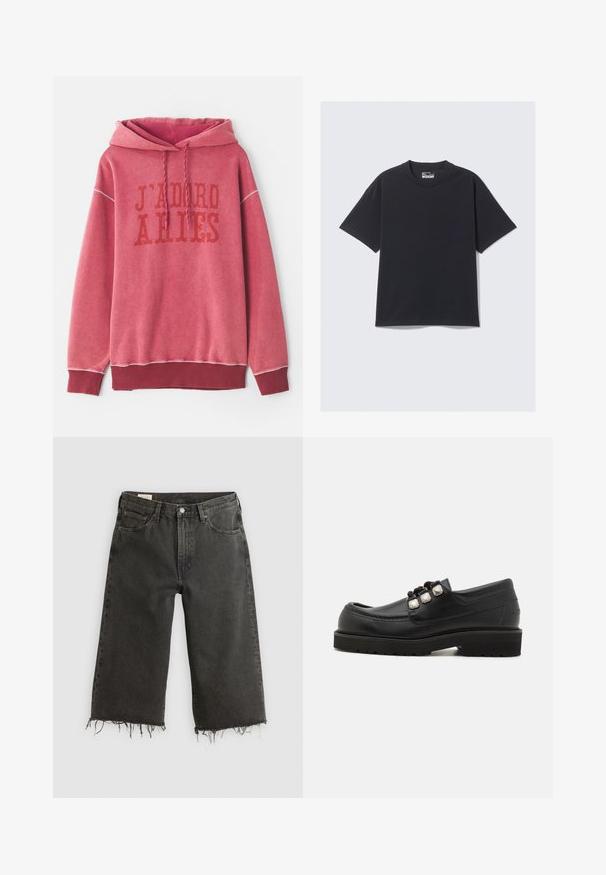 Rød sweatshirt med hætte, der har trykt tekst "J'ADORE ARIES" i mørkerød. Ribkanter ved håndled og nederste kant med et blødt, struktureret stof.; Sort bomulds T-shirt med klassisk rund hals, korte ærmer og en afslappet pasform. Glat tekstur med minimal syning.; Sorte jeans med rå kant og vid ben, lavet af denim, og med fem lommer samt metalknaplukning. Texturen er en smule grov.; Sorte læder loafers med rund tå, der har tre metalliske detaljer og en tekstureret sål for godt greb. Glat overdel og syet detalje.