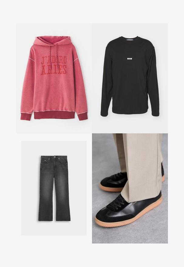 Rotes Sweatshirt mit Kapuze, ausgestattet mit dem aufgedruckten Text "J'ADORE ARIES" in dunklerem Rot. Gerippte Bündchen und Saum mit einem weichen, strukturierten Stoff.; Schwarzes Langarm-T-Shirt aus Baumwolle, mit einem kleinen weißen "MSGM"-Logo auf der Brust, Rundhals und lockerer Passform.; Schwarze, ausgestellte Jeans aus Denim mit einem ausgewaschenen Finish, ausgestattet mit einem vorderen Knopfverschluss, Gürtelschlaufen und zwei Seitentaschen.; Paul Smith COMO - Sneaker low - black