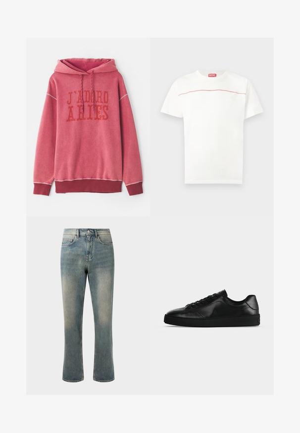 Rød sweatshirt med hætte, der har trykt tekst "J'ADORE ARIES" i mørkerød. Ribkanter ved håndled og nederste kant med et blødt, struktureret stof.; Hvid Diesel T-shirt med korte ærmer, der har en tynd rød linje hen over brystet og en rød Diesel-logoetiket ved halsudskæringen.; Lys blå denim jeans med lige ben, mellemhøj talje og subtilt slid. Har klassisk lomme-design og kontrasterende stikninger.; Svært lavprofileret sort lædersneaker med snørebånd foran og tekstureret flad sål, vist fra siden på en neutral baggrund.
