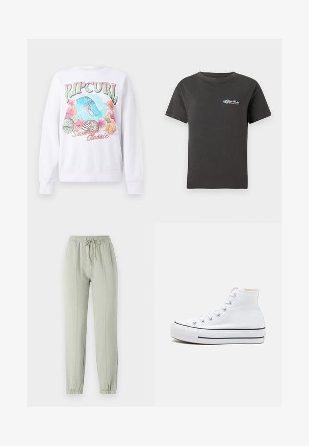 Weißer Sweatshirt mit einem bunten Grafikdruck, der "Ripcurl" oben zeigt, tropische Blumen und eine Surfszene. Klassisch geschnitten.; Schwarzes Baumwoll-T-Shirt mit rundem Halsausschnitt und kurzen Ärmeln. Verfügt über ein farbenfrohes Blumenlogo auf der linken Brustseite. Klassischer Schnitt.; Hellgrüne Sweatpants mit elastischem Bund, verstellbarem Kordelzug und schmal zulaufenden Bündchen. Mit vertikalen Nahtdetails vorne.; Weiße High-Top-Sneaker aus einem Material aus Segeltuch, mit schwarzer Gummisohle und kontrastierendem schwarzen Streifen auf der Zwischensohle. Runde Zehenkappe und Schnürdesign.