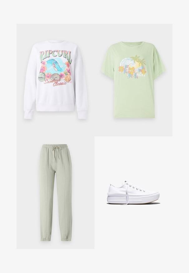 Weißer Sweatshirt mit einem bunten Grafikdruck, der "Ripcurl" oben zeigt, tropische Blumen und eine Surfszene. Klassisch geschnitten.; Hellgrünes T-Shirt mit kurzen Ärmeln, bedruckt mit einer Wellen- und Blumengrafik, auf der der Markenname "ROXY" in Weiß zu sehen ist. Aus weichem Baumwollmaterial.; Hellgrüne Sweatpants mit elastischem Bund, verstellbarem Kordelzug und schmal zulaufenden Bündchen. Mit vertikalen Nahtdetails vorne.; Weißer Canvas-Sneaker mit niedrigem Schnitt, dicker Plateau-Sohle, vorderer Schnürung und rauer Gummikappe an der Spitze, aus seitlicher Ansicht gezeigt.