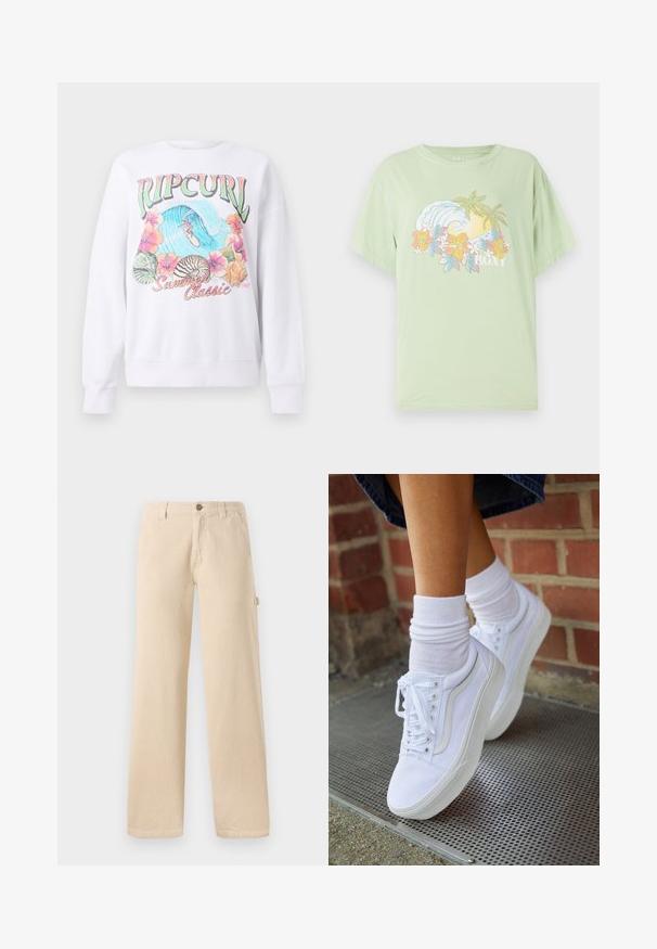Sweatshirt blanc avec un imprimé graphique coloré portant "Ripcurl" en haut, des fleurs tropicales et une scène de surf. Coupe au style classique.; T-shirt manches courtes vert clair avec un graphique de vague et de fleur, portant le nom de la marque "ROXY" en blanc. Matériau en coton doux.; Pantalons en velours côtelé beige avec une coupe large, texture à côtes verticales, poches avant et détail de bouton sur le côté.; Baskets en toile blanches avec semelles en caoutchouc, dotées de six œillets, d'un bout rond et de détails de couture légers, portées avec des chaussettes blanches mi-mollet.