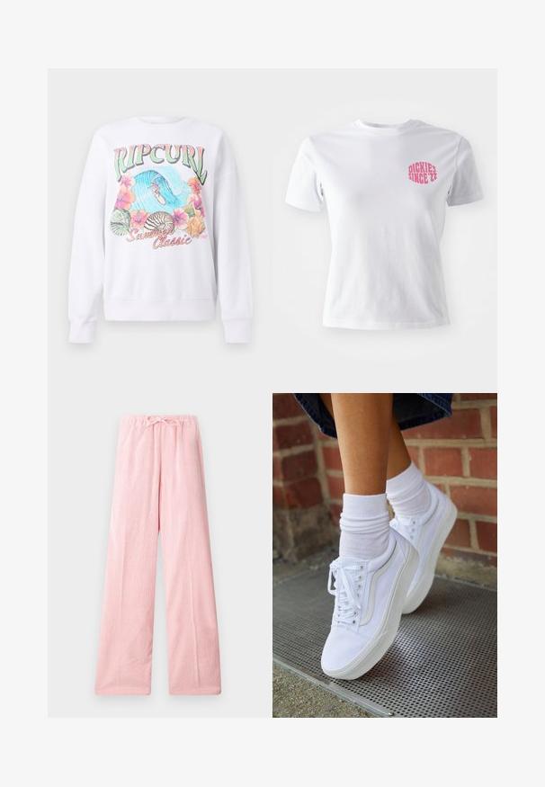 Weißer Sweatshirt mit einem bunten Grafikdruck, der "Ripcurl" oben zeigt, tropische Blumen und eine Surfszene. Klassisch geschnitten.; Weißes Baumwoll-T-Shirt mit kurzen Ärmeln, versehen mit einem pinken Grafikdesign auf der linken Brust, das "DICKIES SINCE '22" zeigt. Klassisches Rundhals-Design.; Helle rosa weit geschnittene Hose aus weichem Material, mit einem elastischen Bund und einer Kordelzug für eine anpassbare Passform und feiner Textur.; Weiße Leinensneaker mit Gummisohlen, ausgestattet mit sechs Ösen, runder Zehenpartie und dezenten Nähten, kombiniert mit weißen Knöchelsocken.