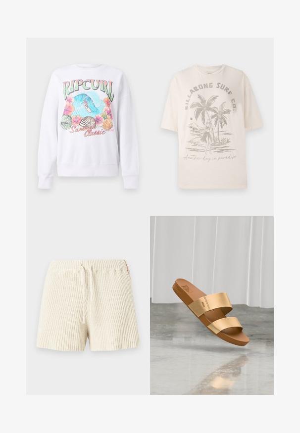 Hvid sweatshirt med et farverigt grafisk print med "Ripcurl" øverst, tropiske blomster og en surfescene. Klassisk stylet pasform.; Cremefarvet bomulds T-shirt med korte ærmer, prydet med et grafisk motiv af palmer og en figur på forsiden, teksten lyder "En dag mere i paradis."; Cremefarvede strikkede shorts med ribbet tekstur, elastisk talje og snøre. Har et lille accentmærke på siden.; Tan slidssandal med to brede, metallisk gyldne stropper og en flad sål, svævende over et reflekterende gråt gulv mod en hvid gardinbaggrund.