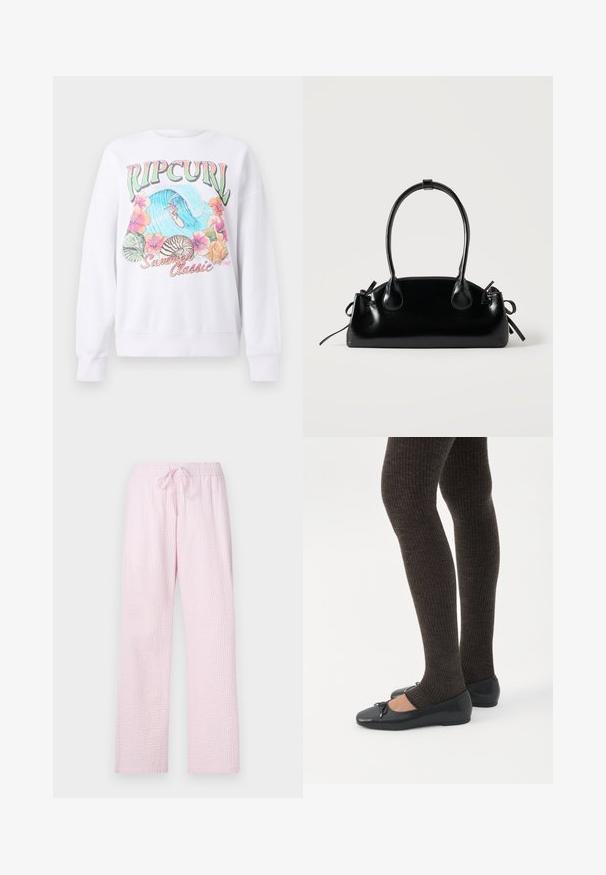 Sweatshirt blanc avec un imprimé graphique coloré portant "Ripcurl" en haut, des fleurs tropicales et une scène de surf. Coupe au style classique.; Pantalons de pyjama rose clair en tissu texturé avec une coupe ample, dotés d'une taille élastique et d'un cordon de serrage pour un ajustement facilité.; Jambes portant des leggings côtelés foncés associés à des ballerines noires avec de petits détails en nœud sur fond blanc.; Petit sac à main noir brillant avec deux longues anses et des détails à cordon sur les côtés sur un fond clair uni.